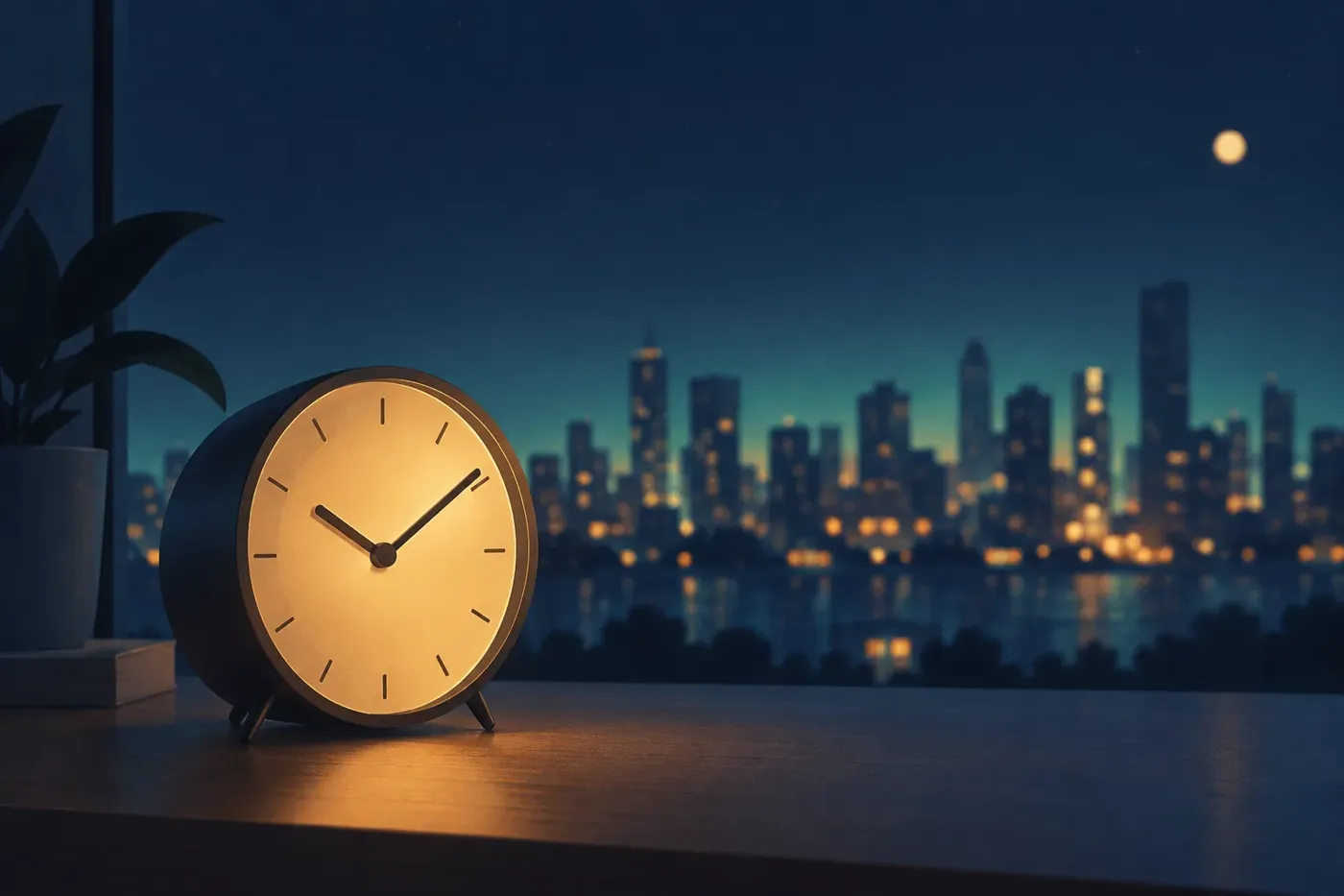 Illustration of an analog clock face over a stylised city skyline silhouette