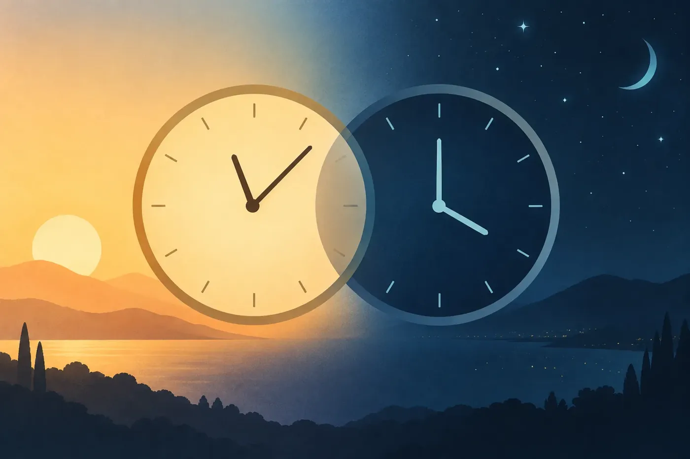 Illustration of two clock faces side by side showing different times
