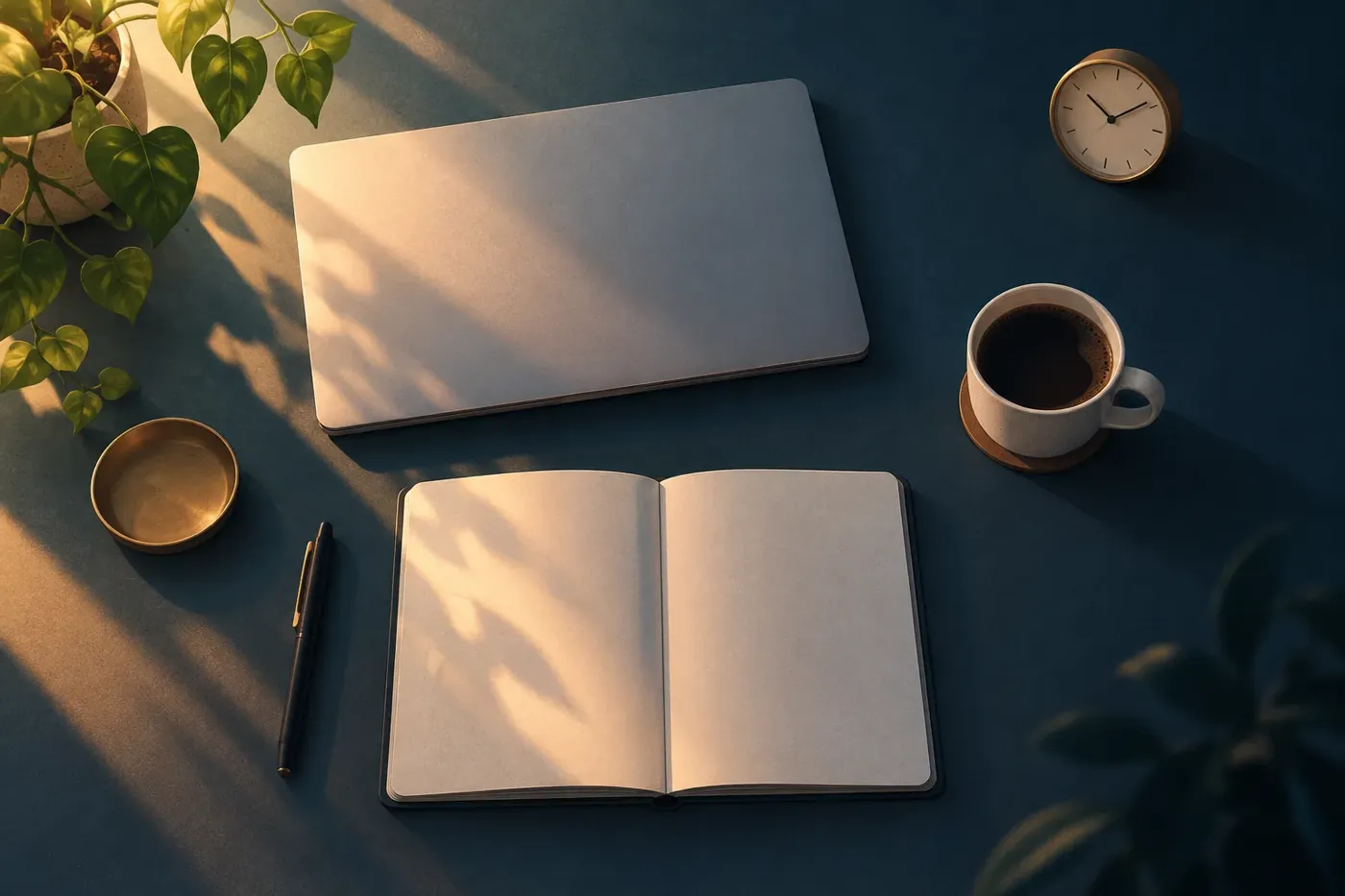 Illustration of a desk scene with a laptop, notebook and coffee cup