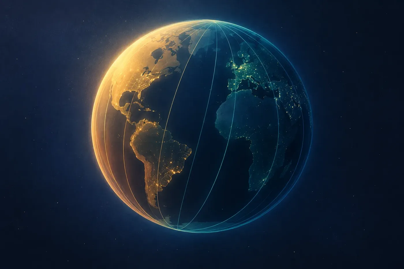 Illustrated world map with clock hands sweeping over major regions