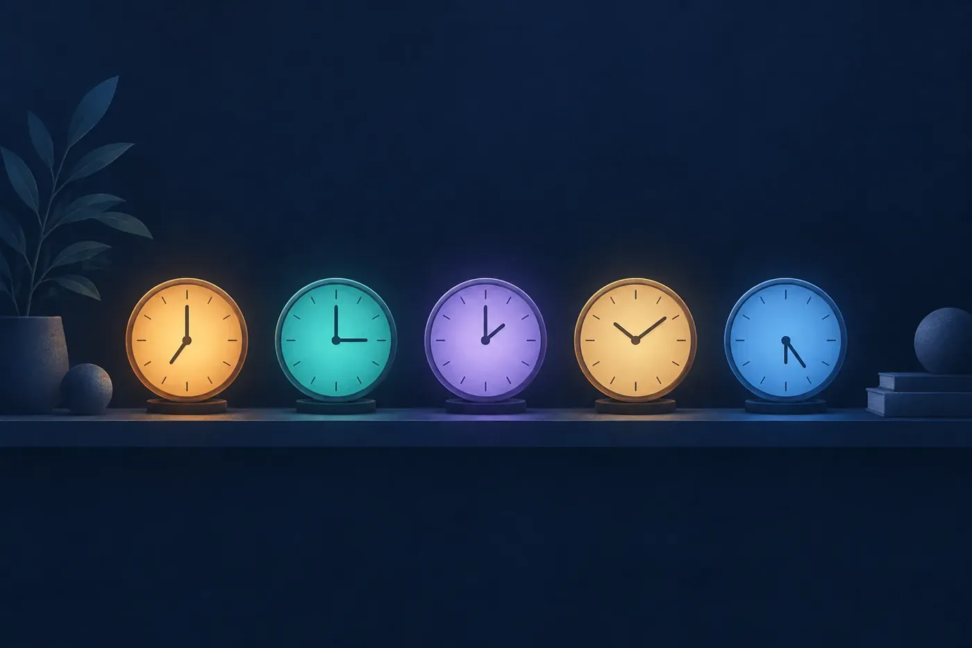 Illustration of a shelf of clocks each set to a different time