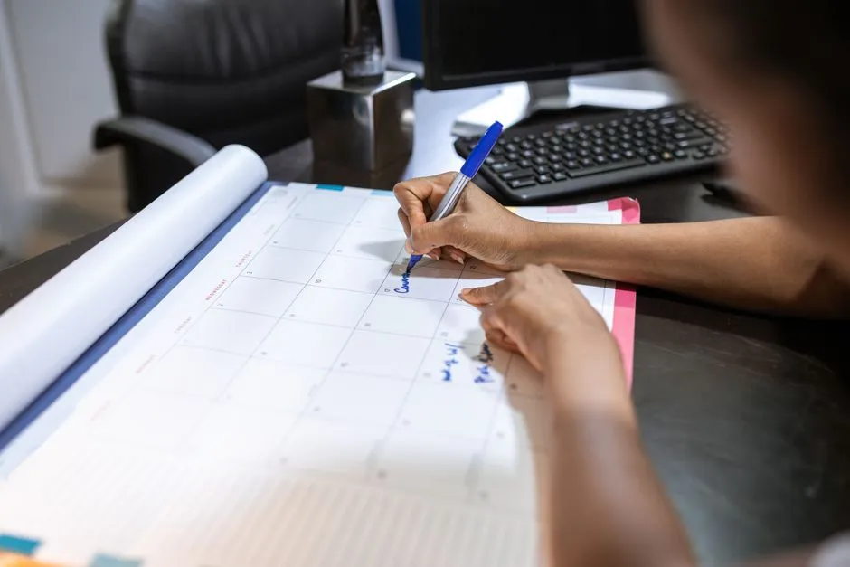 A person writing appointments on a desk calendar